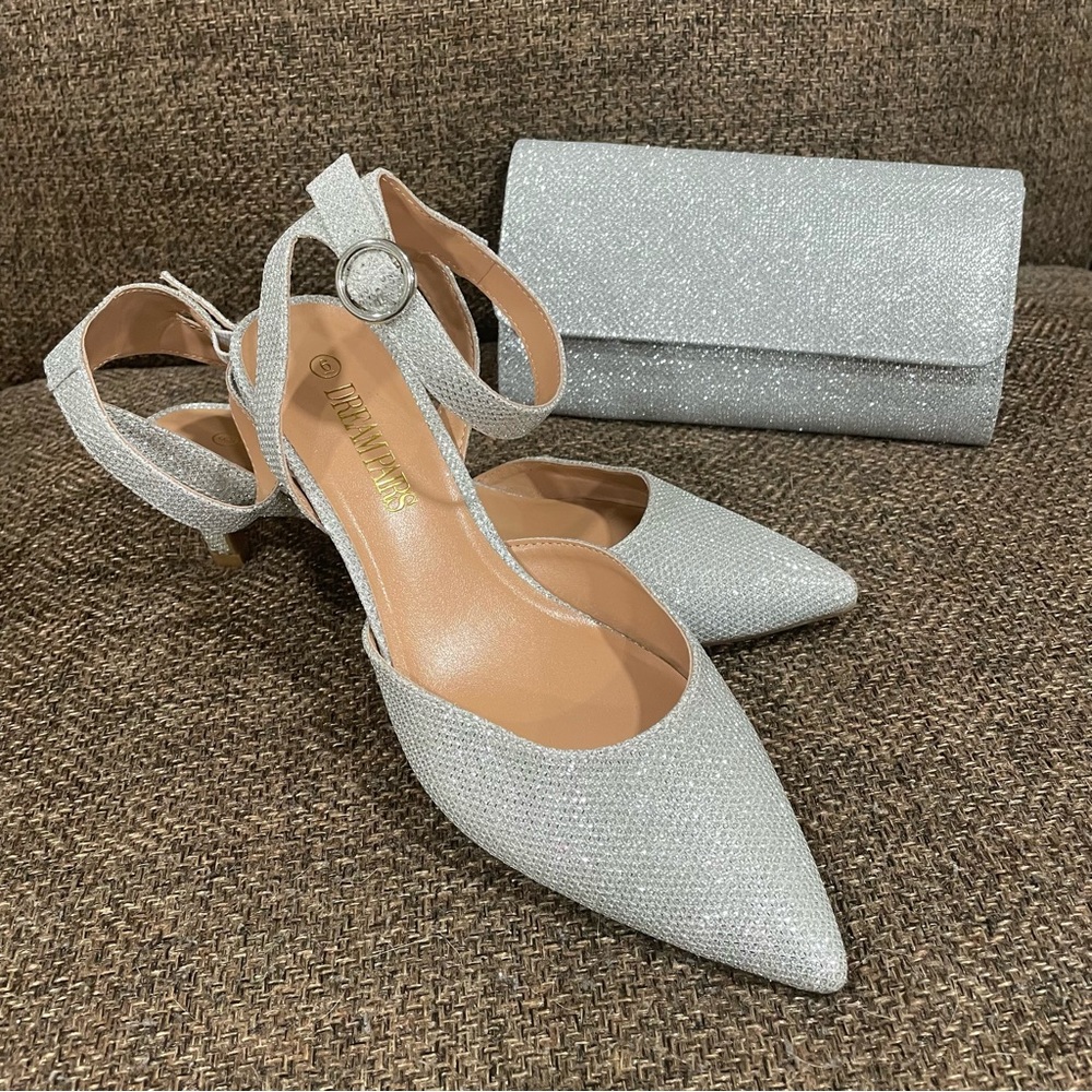Silver low heel shoes with matching clutch bag - size 6